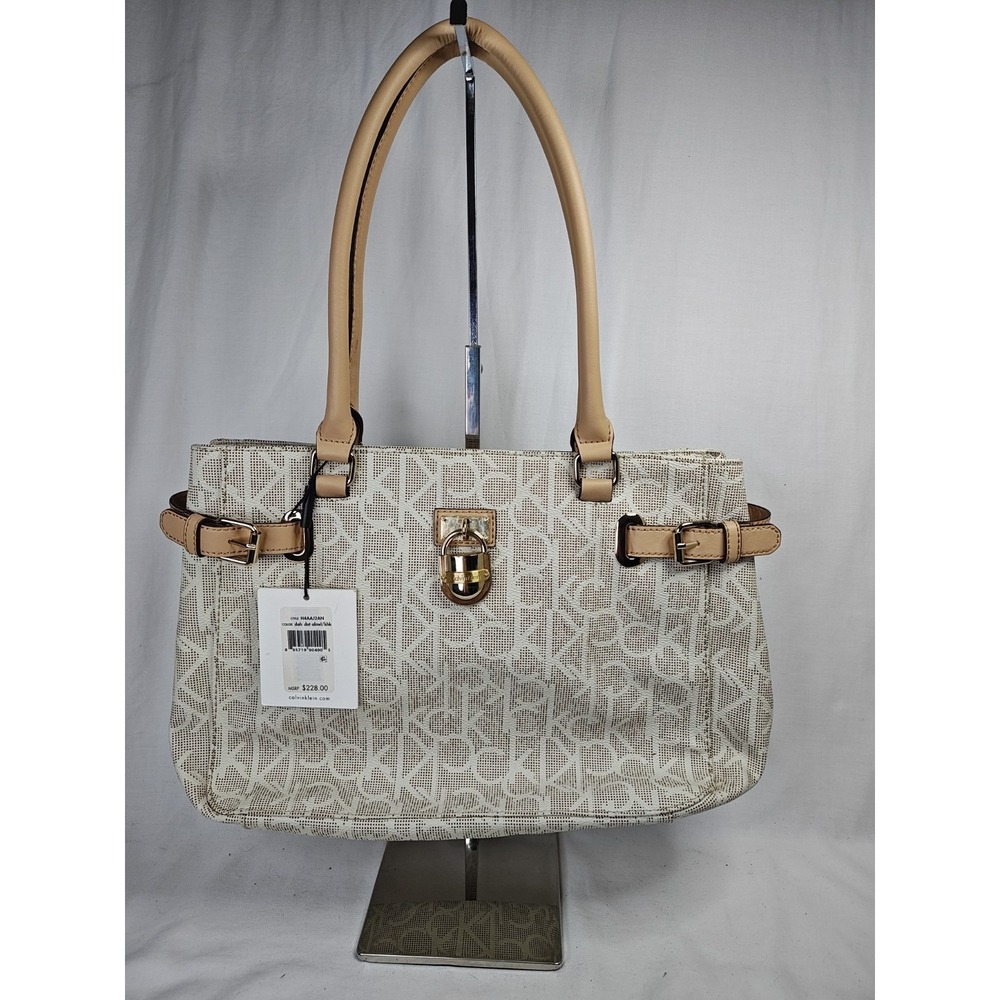 Calvin Klein Monogram Tote Bag NWT Padlock Dotted Logo Cream Almond Khaki H4AAJ2
